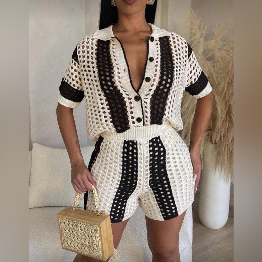 SHEIN Black and White Crochet Swim Coverup Set